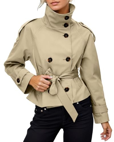 Duohropke Trenchcoat Damen Kurz Zweireihig Jacke Mit Gürtel Kurzmantel Übergang Windjacke Leicht Mantel Trench Coat Einfarbig Jacken Stehkragen Herbstjacke Casual Übergangsjacke Büromantel