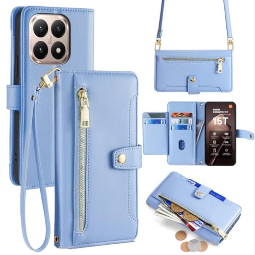 betterfon Handykette kompatibel mit Xiaomi 15T | Leder Handyhülle mit Kartenfächern | Handyhülle zum Umhängen | Hellblau