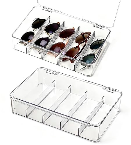 Yeqqzq Sunglasses Storage Organiser, 2 Pack Clear Stackable Storage boxs | Acrylic Eyewear Storage Display Case, Stackable Storage Drawer with Removable Dividers for Eyewear, Jewelry, Makeup, etc