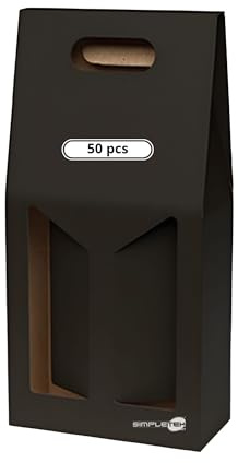 SIMPLETEK - Set of 50 x Black Double Gift Box for 750 ml Bottle | Smooth Cardboard with Window & Handle | Wine / Oil Holder (50 Pieces)