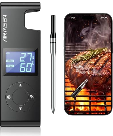 AIRMSEN Kabelloses Fleischthermometer Grillthermometer Bluetooth mit Hitzebeständigem Keramikgriff & LCD-Display 150m Fernüberwachung, Bluetooth 5.4 Smart-App-Steuerung für Räuchern BBQ - 1000mAh Akku