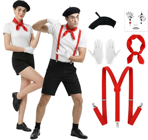 Apparlxer Pantomime Accessoires Satz,7Pcs Pantomime Kostüm mit Baskenmütze Rote Hosenträger Handschuhe Schals Aufkleber Socken Arm Sleeve,Karnevals Kostüme für Herren Damen