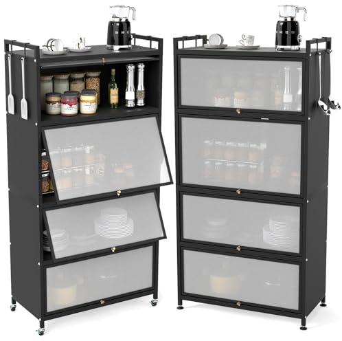 COSTWAY Estantería de Cocina de Pie con 5 Niveles, Marco Acero, Mueble Auxiliar de Cocina Estantería para Microondas con Ruedas, 4 Puertas Abatibles, Almohadillas Reemplazables, Mueble Salón (Negro)