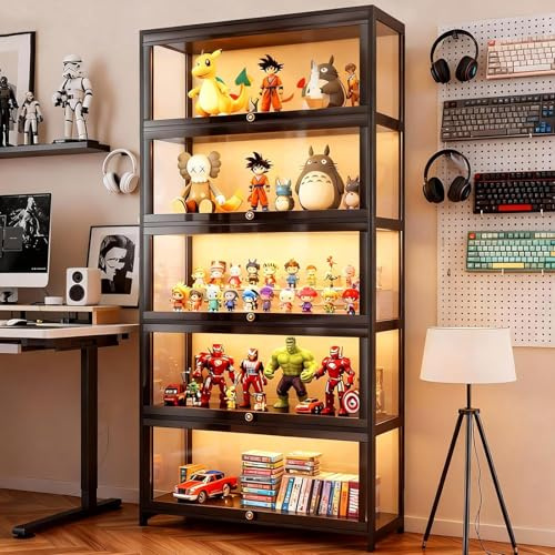 Scribora 5-Schichten-Vitrinenschrank mit Acrylglas-Türen, Sammlerartikel-Spielorganisationsregal & Ausstellungsregal, Bücherregal für Home Office, Spielzimmer und Wohnzimmer (Schwarze Falttür)
