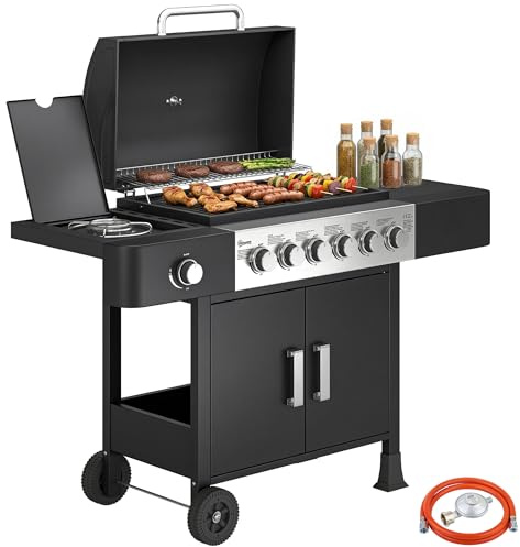 Outsunny Gasgrill 17,8 KW 6+1 Brenner BBQ Grillwagen Edelstahl Rolle | Seitenbrenner, Thermometer, Emaille-Grillrost, Warmhalterost, Seitentisch, Unterschrank, Gas-Grill für Balkon BBQ Party