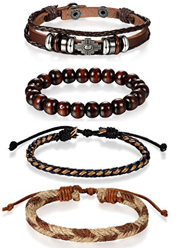 Flongo 4 Stück Leder Holz Armband Armreif Lederarmband Kordelkette Seil Schwarz Braun Mehrfarbig Geflochten Surfer Wickeln Motorradfahrer Verstellbar Einstellbar Herren,Damen Modell J