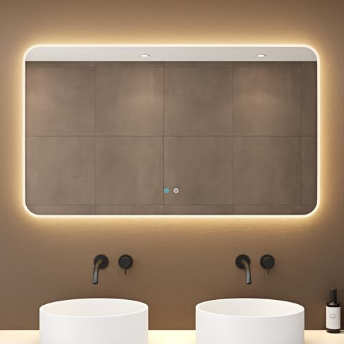 dopporo LED Badspiegel 120x70cm Dimmbar runden Ecken Wandspiegel Memory | Badzimmerspiegel mit Beleuchtung Spiegel mit Touch Schalter Antibeschlag Funktion Energiesparende Licht, LED-Spiegel-03