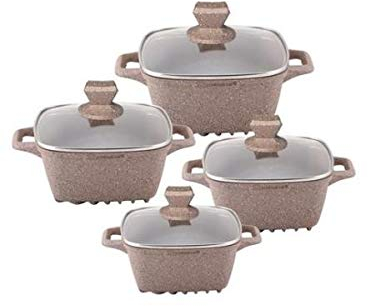 NEA Marble Square Diecast 4pc Casserole Set, Non-Stick Stockpots, Beige