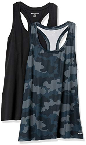 Amazon Essentials Damen Active Quick Dry Tech Stretch Racerback-Tanktop (in Übergröße erhältlich), 2er-Pack, Grau Tarnmuster/Schwarz, M