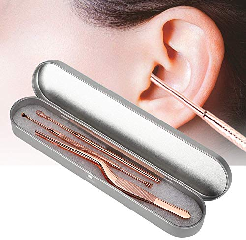 Limpiador De Orejas, Ear cleaner juego de pinzas de cureta Limpia Oidos Cera Adultos Quitar Cera Oidos removedor de cera de oreja de doble cabeza de acero inoxidable (oro rosa)