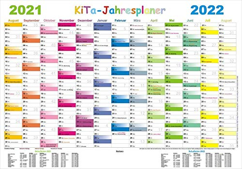 Kita-Jahresplaner 2021/2022-Set: Wandplaner 70 x 100 cm, abwaschbar und beschreibbar durch Beschichtung mit 2 Posterschienen und Non-Permanent-Stift