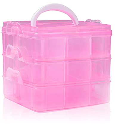 SacJkt Craft Storage Box, Compartments Divider Organizer, 3 Layers 18 Compartments Transparent Detachable Storage Box with Handle for Crafts, Jewelry, Toy, Sewing Accessories (Pink)