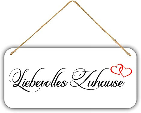 Geschenkschilder - Liebevolles Zuhause 22x10 cm | Außen Garten-Deko | Kunststoff Weiß Herz Türschild Fenster Wand-Bild Außendeko | Mit Kordel zum Aufhängen | Wetterfest Terasse Hauseingang