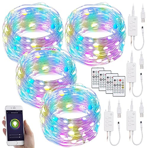Luminea Home Control 4er RGB-LED-Lichterdraht mit Musik-Steueurung, WLAN und App, USB, 10 m