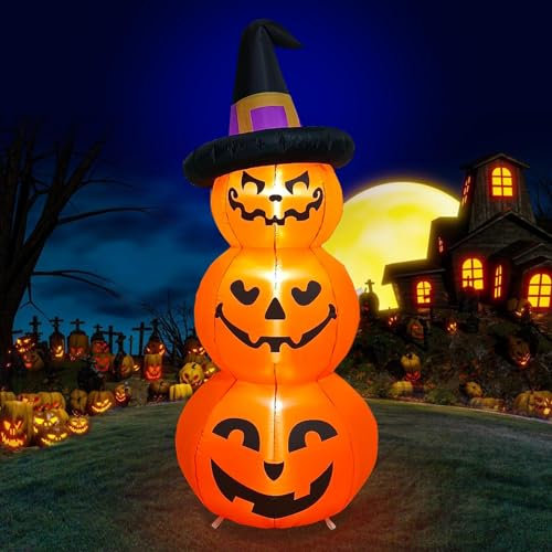 PARAYOYO 270CM hoher aufblasbarer Halloween-Kürbisstapel mit Hexenhut-Dekoration, integrierte LED-Lichter, aufblasbare Halloween-Kürbisse, aufblasbare Außenhof-Rasendekorationen