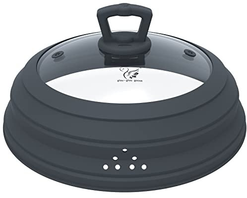 GLOU-GLOU GOOSE GGG Microwave Cover, Vented Glass Lid, 10.5 Inch, Clear, Tempered Glass & Silicone, Dishwasher Safe