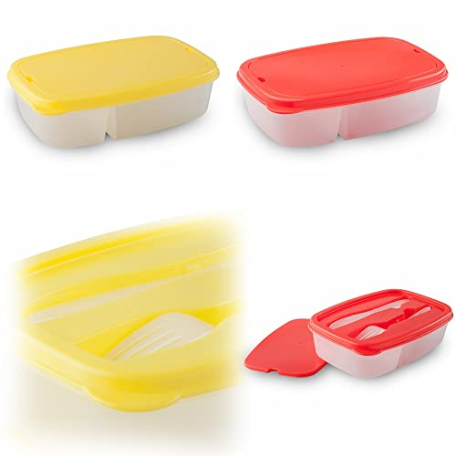 ANTEVIA - Lot de 2 bento lunch box avec couverts | Micro ondable | PLUS DE 10 MODÈLES | Boite alimentaire repas plastique avec couvercle | Couleurs : Jaune Rouge (Griva)
