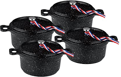 KAMBERG - 0008199 - Set 4 Mini Cocottes Ø 12 cm Ronde Noire - Fonte d'aluminium - Revêtement pierre - Tous feux dont induction - Sans PFOA