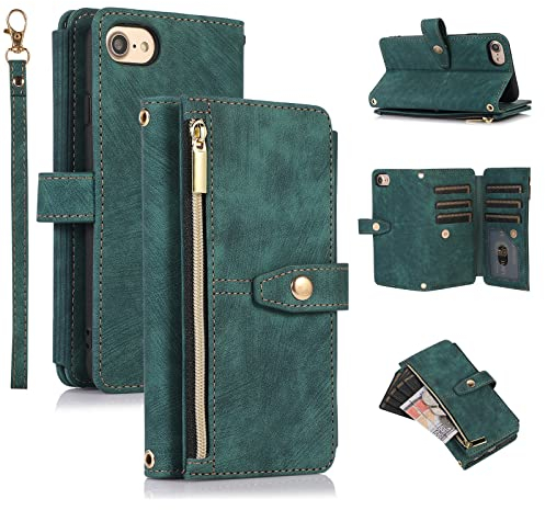 UEEBAI Case for iPhone 7 Plus/iPhone 8 Plus, 9 Card Slots Retro Leather Wallet Shockproof Flip Cover with Hand Strap Card Slots Zipper Pocket Kickstand Handbag Magnetic Closure - Vintage Green