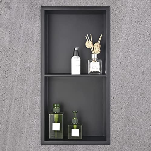 HANFU Wandnische Dusche Edelstahl, Duschnische Flexibler Einbau, Doppelregal Wandnische Dusche Lagerung für Badezimmer Seifenflaschen Toilettenartikel, Eingebettet Duschnische 60x30x10cm, Schwarz