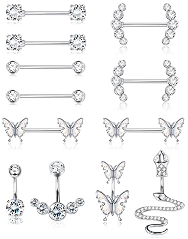 LOLIAS 12 STÜCKE 14G Nippel Bauchnabel Piercing für Frauen Edelstahl Schmetterling Schlange CZ Zunge Brustwarzen Barbell Piercing Nabelring Körperpiercing Schmuck