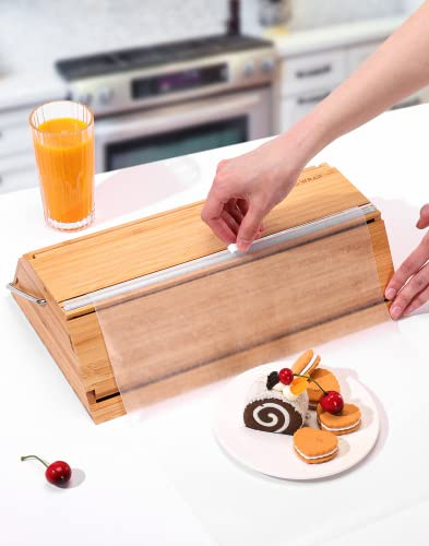 3 in 1 Foil and Plastic Wrap Organizer with Cutter 4 Tall Multi Wrap Dispenser Trapezoidal summidate Bamboo Aluminum Tin Parchment Paper Dispenser for Kitchen Storage Organization Holder for 12 Roll