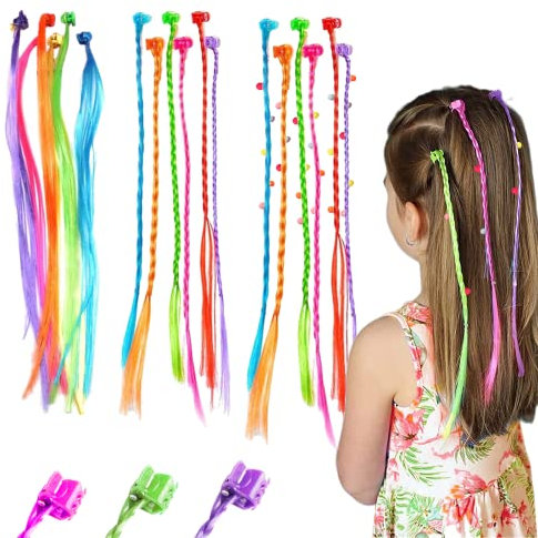 36 PCS Kids Coloured Hair Extensions with Hair Clips, Rainbow Hair Extensions, Clip-in Braid Extensions for Kids for Teenage Girls