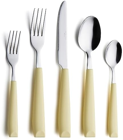 Annova Stainless Steel Cutlery Set with Color Handles - Dinner Forks, Salad Forks, Table Knives, Tablespoons, Teaspoons - Service for 4 (Yellow)