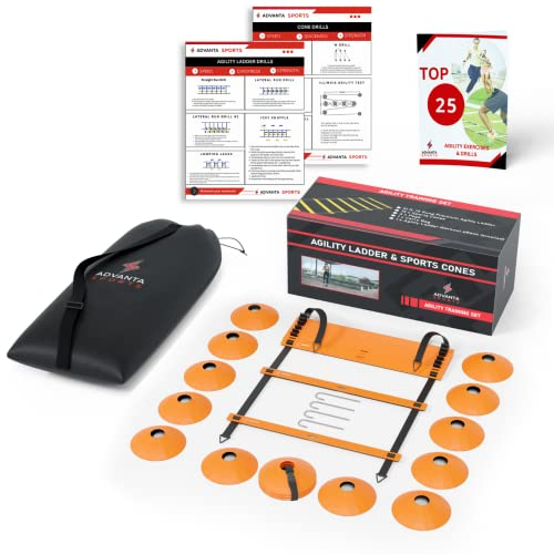 DELUXE EDITION Agility Ladder Training Set - 13 Rung 21ft Agility Ladder w/13 Disc Cones, Carry Bag - Improve Speed & Strength Soccer, Football, Basketball w/4 Steel Pegs with eGuide Chart