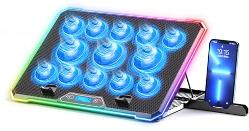 Gaming Laptop Cooler with 13 Ultra Quiet Fans, LCD Screen and Multi Color RGB - 10 Lighting Modes, 9 Adjustable Heights, Dual USB Ports, Built in Phone Holder for 15 to 21 Inch Laptops on Desk or Lap