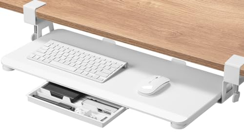 ETHU Tastaturablage, Tastaturschublade 65x30 cm mit C-Klemmhalterung, Unter dem Schreibtisch Ausziehbar, Ergonomische Tastaturauszug für Zuhause & Büro, Einfach zu Installieren (Weiße)