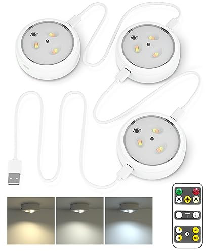 Puck Lights with Remote, 2 in 1 Under Cabinet Kitchen Light Battery Operated, 3 Lighting Modes Stick on Lights with DC Power, Wireless Dimmer LED Push Light for Closet Shelf Wardrobe Indoor