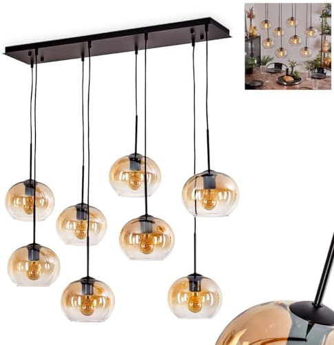 HOFSTEIN Hängeleuchte Apedo, 8-flammige Hängelampe aus Metall/Glas in Schwarz/Bernsteinfarben/Klar, moderne Pendelleuchte im Retro/Vintage-Design, Schirme Ø 20 cm, E27, Esszimmer, Küche, Wohnzimmer