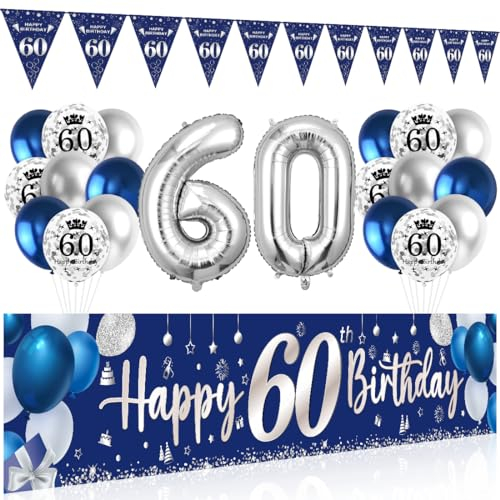 60. Geburtstag Deko für Mann und Frau - Happy Birthday Banner Blau Silber, Luftballons, Wimpel Girlande, Hintergrund Ballons Marineblau Silber für Männer Frauen Party