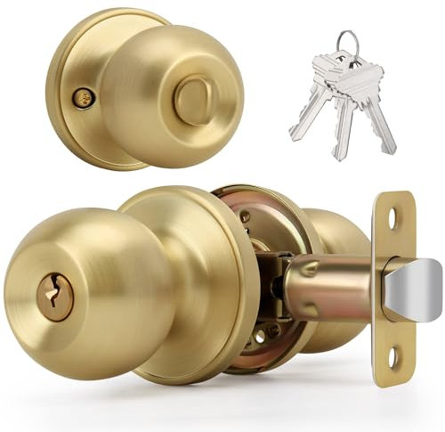 LOQRON Bouton de porte en forme de boule avec clés et serrure, poignée de porte d'entrée à clé ronde pour porte d'entrée/d'entrée, finition laiton satiné