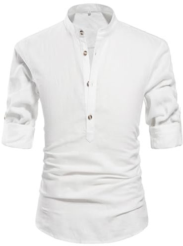 Men's Cotton Roll-up Long Sleeve Shirt Mens Henley Neck Long Sleeve Popover Daily Look Linen Shirts White