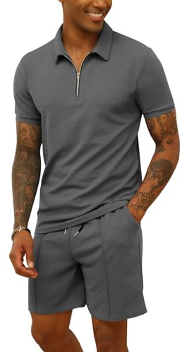 CTU Herren-Trainingsanzug, Poloshirt und Shorts, 2-teilig, Sommer-Outfits, Sportbekleidung, Sweatsuits, grau, M