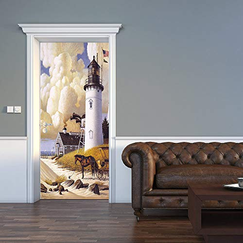 Türtapete Selbstklebend 3D Leuchtturm TürPoster PVC Türaufkleber Abnehmbar Türfolie für Wohnzimmer Küche Schlafzimmer Türdekoration, 47.5x215cmx2pcs