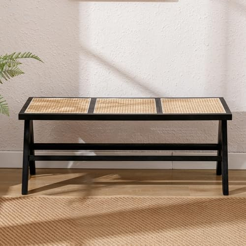Wahson Esstischbank Rattan, Sitzbank Moderne Esszimmerbank mit Massivholzbeinen Atmungsaktive Eingangsbank Gartenbank Rattanbank Natur, 115cm,für Esszimmer/Schlafzimmer/Balkon,Holzfarbe,Schwarz
