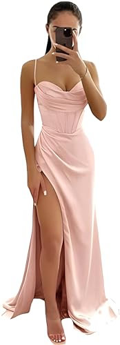 SWEMILE Robe Bustier Dos Nu Fendue Sexy Robe Elégant et Chic pour Mariage Cérémonie Bal de Promo Cocktail de Gala Robe à Bretelle Spaghetti et Epaules Dénudées Robes de Soirée Femme Robe Rose Doré 38