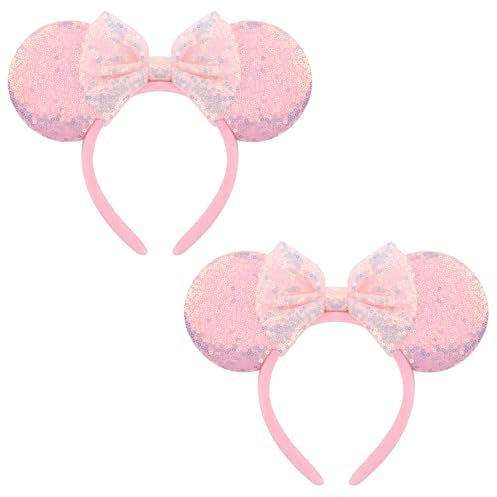 AQOKKA Lot de 2 bandeaux à paillettes avec oreilles de souris avec nœud pour fête d'anniversaire, décoration de fête, cosplay, accessoires de cheveux pour femmes et filles