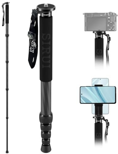 SIRUI Monopiede in fibra di carbonio per fotocamere, monopiede da viaggio compatto e leggero da 65 pollici, 5 sezioni, supporto per telefono incluso, carico fino a 22 libbre/10 kg, AM-MDP01