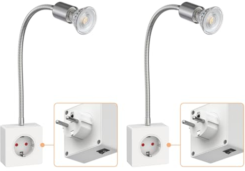 ledscom.de 2 Stück Steckdosenlampe LESCH Leselampe, chrom/weiß inkl. GU10 LED Lampe 5,3W, 504lm, 44°, weiß