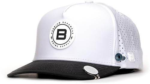 Golf Performance Hat – Tee-Halter & magnetischer Ballmarker – atmungsaktiv, schweiß- und wasserabweisend, Golf-Snapback-Hut, Brimz - Weiß/Schwarz, Einheitsgr��e