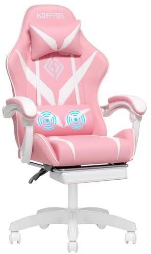 VANSPACE Sedia da Gaming Massaggiante con Poggiapiedi Sedia Gamer con Cuscino Lombare e Poggiatesta Ergonomico Sedia da Ufficio Sedia da Gioco per Ragazzo Bianco e Rosa