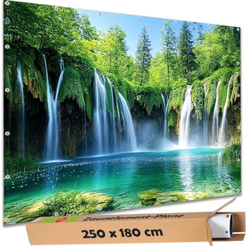 TRIOSK Sichtschutz Garten Deko Zaun Plane Blickdicht groß mit Zaunblende Motiv Wasserfall Kroatien Krka Park für Zaunelement Doppelstabmatten Stabmattenzaun Gartenzaun PVC 250x180 cm