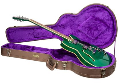 Crossrock E-Gitarrenkoffer aus Holz für 335 Stil, halbohl, Schokoladenbraunes Kunstleder, violetter Samt, Schloss – Designer-Serie