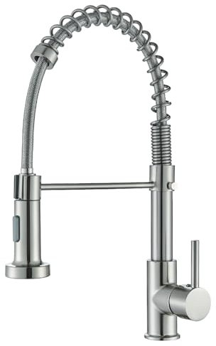 Rubinetto per lavello da cucina, girevole a 360°, miscelatore da cucina ad arco alto, in ottone con spruzzatore estraibile (spazzolato)