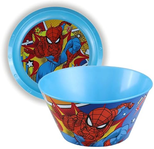 Spiderman 2Pcs BPA Free Camping Dinner Set, Reusable Mealtime Kids Rice Bowl Lightweight Printed Raised Edges Plastic Plate Bowl Set for Kids 4+ Years