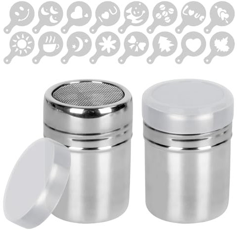 Puderzuckerstreuer 2 Stück, Kakaostreuer für Cappuccino mit 16 Schablonen, Mehlstreuer mit Deckel, Puderzuckermühle und Schokoladenstreuer für Kaffee, Kuchen und Küche